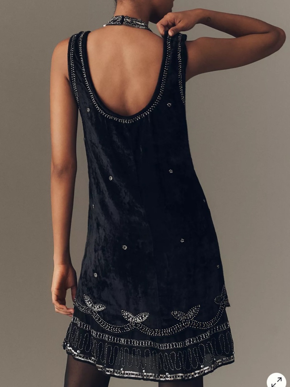 Anthropologie Black Embellished Beaded Velvet Mini Dress - Picture 7 of 11